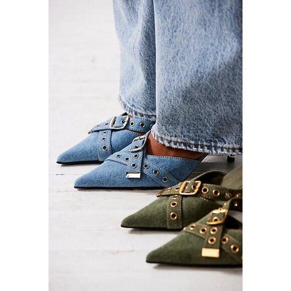 Jeffrey Campbell Shoes - NEW Jeffrey Campbell X Free People Nimes Denim Buckle Heels Mules Green Size 7